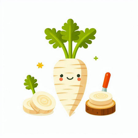 Vector illustration of radish cartoon character on white background. Cute kawaii vegetable character.のイラスト素材