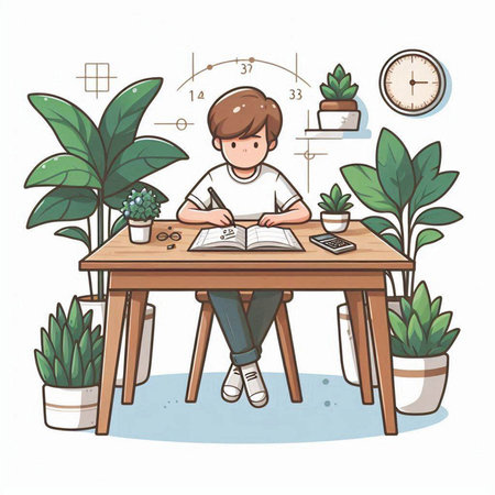 Illustration of a boy doing homework at home. Vector illustration.のイラスト素材