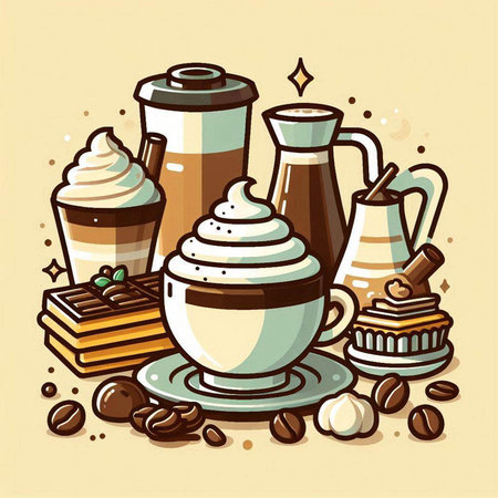 Coffee cup, coffee beans and sweets. Vector illustration.のイラスト素材