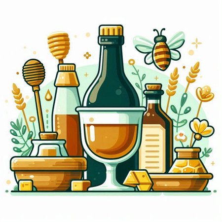 Honey in a bottle, honey dipper, honeycomb, honeycombs, bee. Vector illustration.のイラスト素材