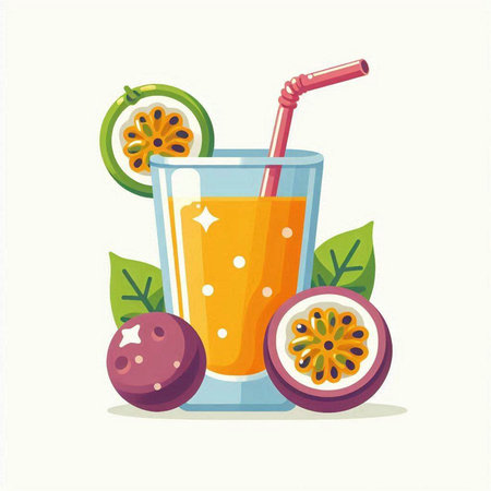 Passion fruit juice in a glass with a straw. Vector illustration.のイラスト素材