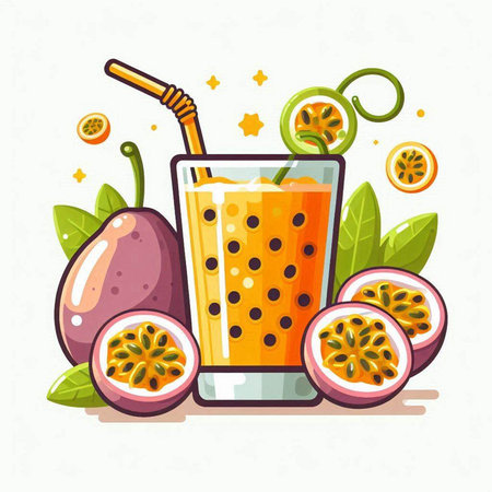 Passion fruit juice in glass with straw and fresh fruits. Vector illustration.のイラスト素材