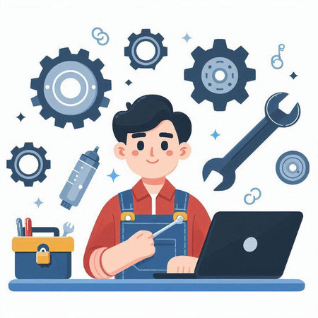 Man with laptop and tools. Vector illustration in a flat style.のイラスト素材