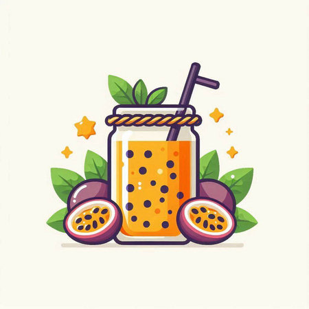 Jar of passion fruit smoothie with leaves and fruits. Vector illustration.のイラスト素材