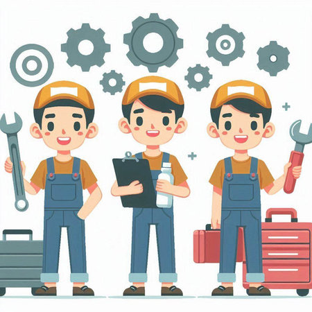 Cartoon mechanic and worker with tools. Vector illustration in a flat style.のイラスト素材