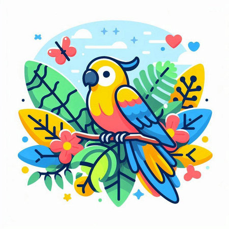 Cute parrot sitting on a branch with flowers. Vector illustration.のイラスト素材
