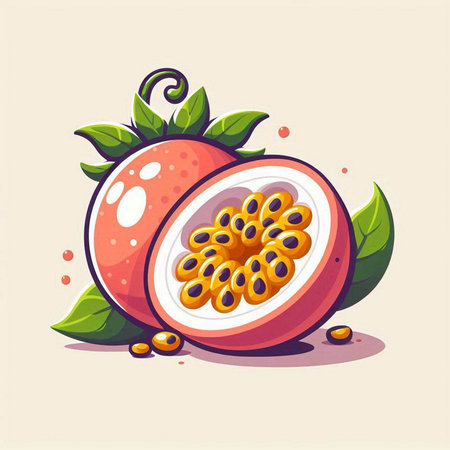 Passion fruit vector illustration. Exotic fruit with green leaves.のイラスト素材