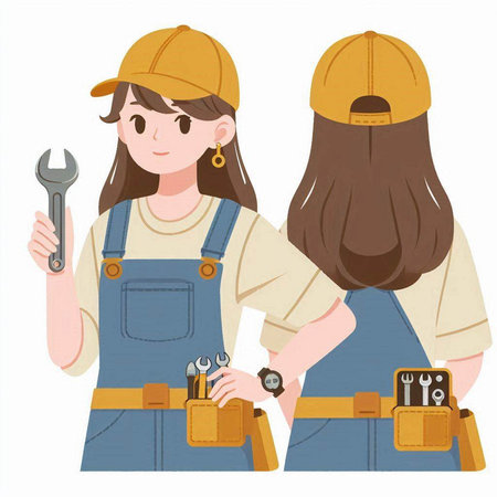 Illustration of two women in overalls holding a spanner.のイラスト素材