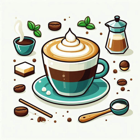 Cup of coffee with cream and coffee beans. Vector illustration.のイラスト素材