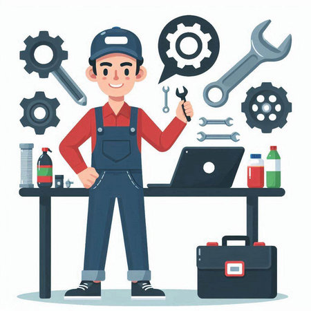 Repairman in uniform with tools. Vector illustration in cartoon styleのイラスト素材