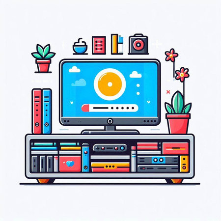 Flat design modern vector illustration concept of home entertainment technology. Colorful line art icons set on white backgroundのイラスト素材