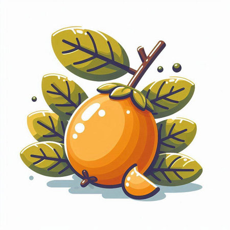 Persimmon fruit with leaves on white background. Vector illustration.のイラスト素材