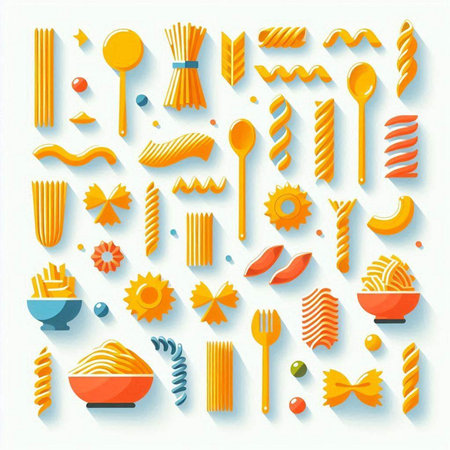 Pasta icons set. Collection of different types of pasta. Vector illustrationのイラスト素材