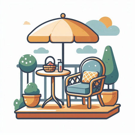 Outdoor terrace with armchair, table and umbrella. Vector illustrationのイラスト素材