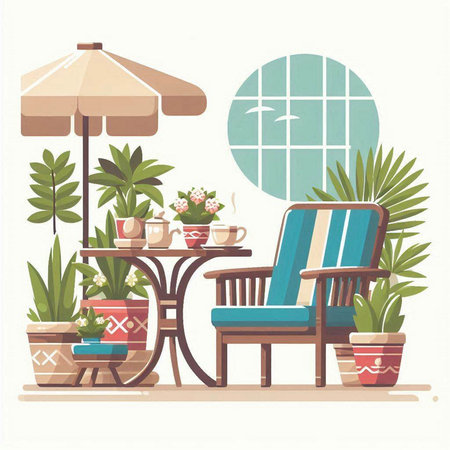 Vector illustration of a cozy summer terrace with armchair, table, chair and plantsのイラスト素材