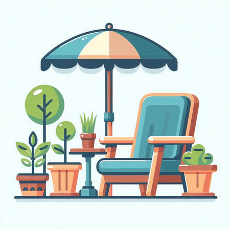 Vector illustration of a cozy summer terrace with chair, umbrella and potted plants.のイラスト素材