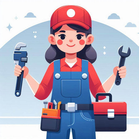 Female plumber in overalls with tools. Cartoon vector illustration.のイラスト素材