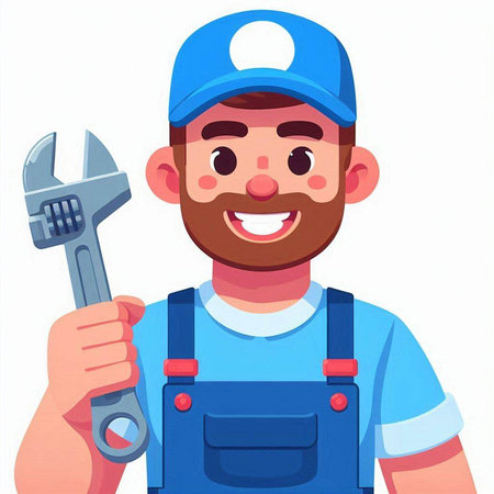 Handyman in blue overalls holding wrench. Vector illustration.のイラスト素材
