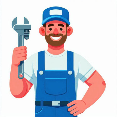 Plumber in blue overalls and cap holding adjustable wrench. Vector illustration in cartoon styleのイラスト素材
