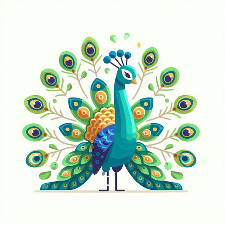 Colorful peacock isolated on white background. Vector cartoon illustration.のイラスト素材
