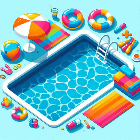 Swimming pool top view 3d isometric vector illustration. Swimming pool with inflatable rings, sun loungers, umbrellas, water toys and other items.のイラスト素材
