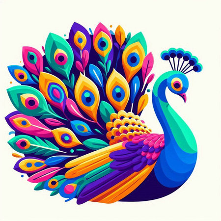 Peacock with colorful feathers on white background. Vector illustration.のイラスト素材