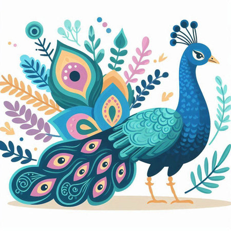 Peacock with flowers and leaves. Vector illustration in cartoon style.のイラスト素材