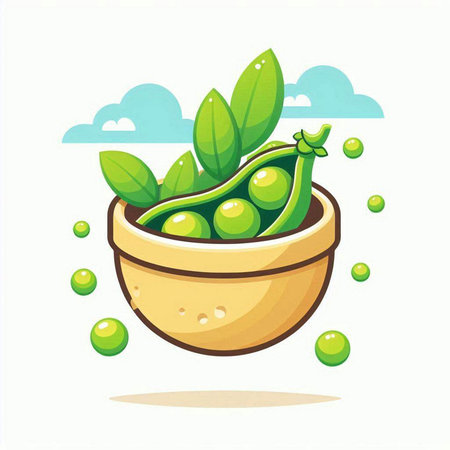 Green peas in a wooden bowl isolated on a white background. Vector illustration.のイラスト素材