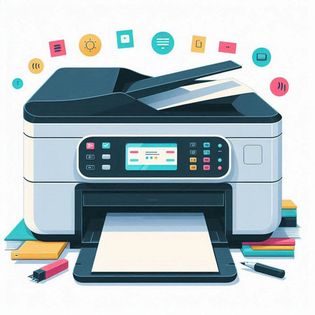 Vector illustration of a modern printer on a white background with colorful stationeryのイラスト素材