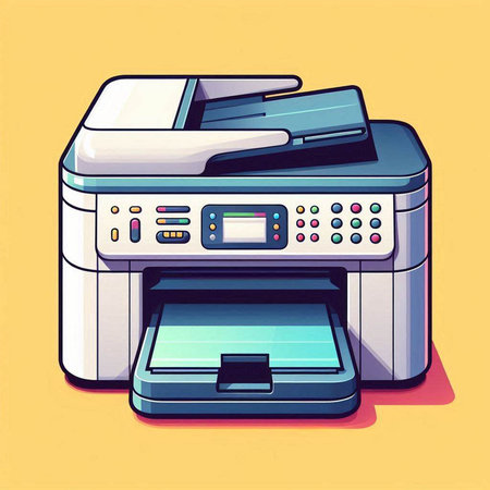 Printer isolated on yellow background. Vector illustration of a print machine.のイラスト素材