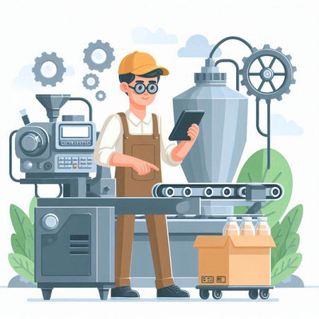 Coffee factory worker with coffee machine. Vector illustration in cartoon styleのイラスト素材