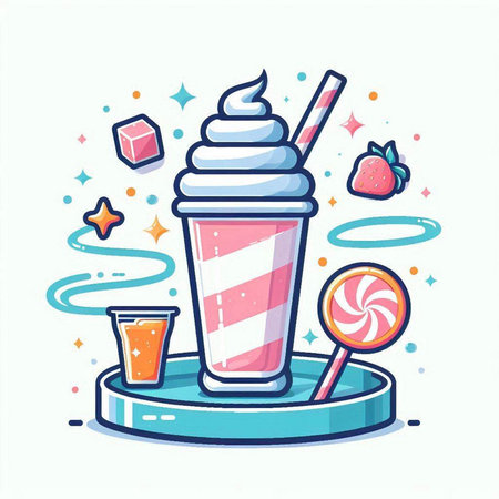 Cute vector cartoon illustration of milkshake, ice cream and candies.のイラスト素材