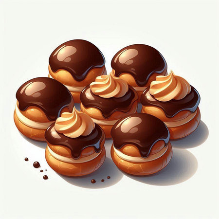 Chocolate eclairs with cream and chocolate syrup. Vector illustration.のイラスト素材
