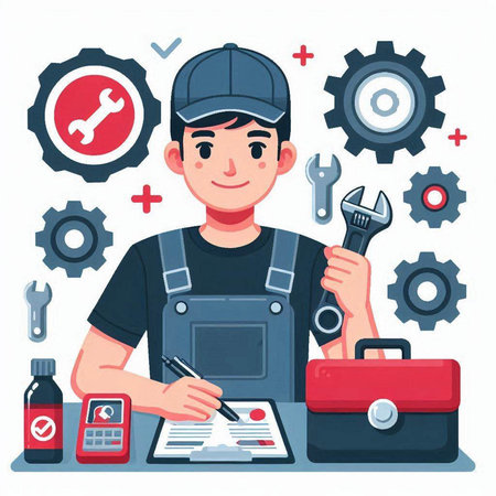 Repairman with tools. Repairman in overalls. Vector illustrationのイラスト素材
