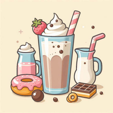 Illustration of a glass of chocolate milkshake with ice cream, donuts and strawberriesのイラスト素材
