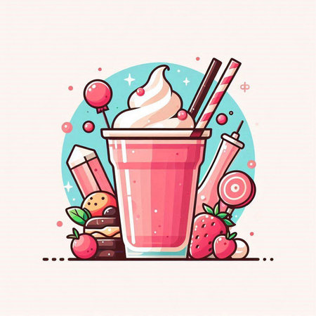 Strawberry milkshake. Vector illustration in flat style.のイラスト素材