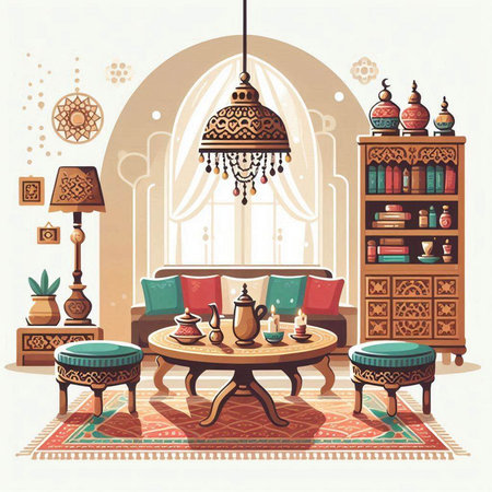 Interior of the living room in oriental style. Vector illustrationのイラスト素材