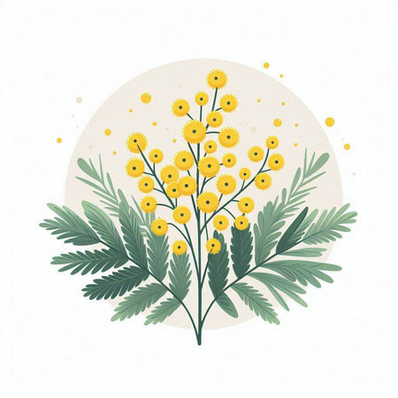 Mimosa flowers and leaves on white background. Vector illustration.のイラスト素材