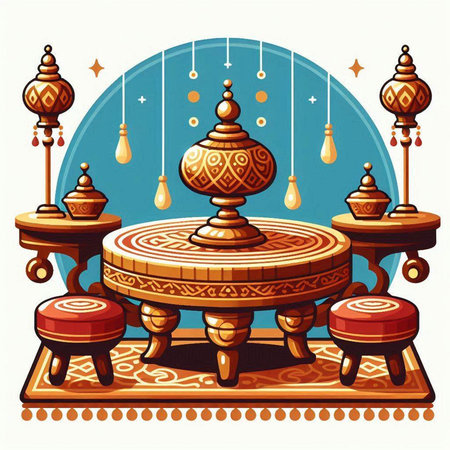 Illustration of a wooden table with decorative ornaments on itのイラスト素材