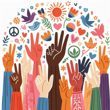 Hands of different nationalities and religions around the world. Vector illustration.のイラスト素材