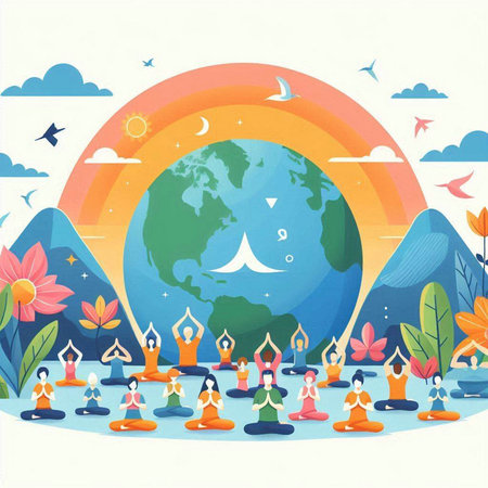 Vector illustration of yoga and meditation with the Earth in the background.のイラスト素材