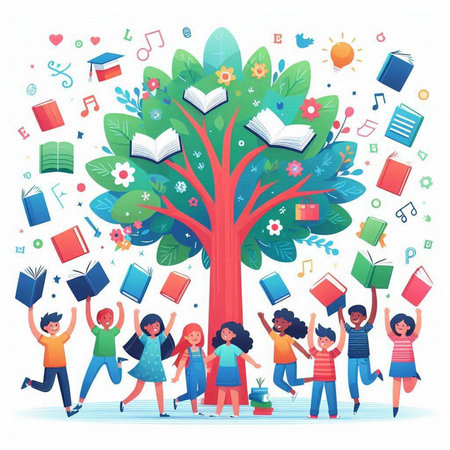 Group of happy children and big tree with books. Flat vector illustration.のイラスト素材