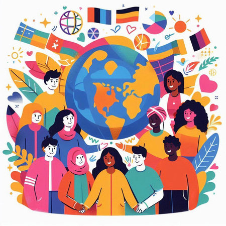 International Day of Persons with Globe. Group of diverse people standing together and holding hands. Vector illustration.のイラスト素材