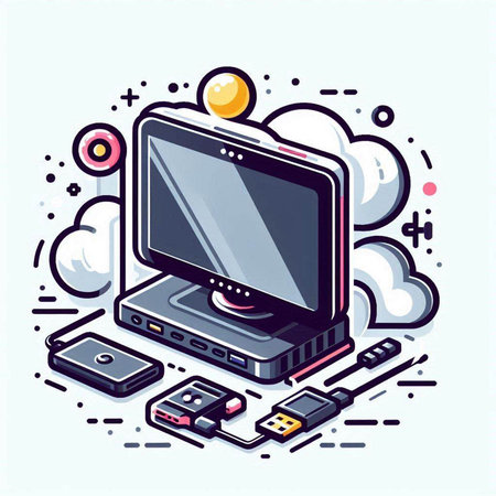 Vector isometric illustration of a laptop on a white background with clouds.のイラスト素材