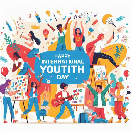 International Youth Day. Group of young people dancing, singing, playing musical instruments and having fun. Flat vector illustration.のイラスト素材