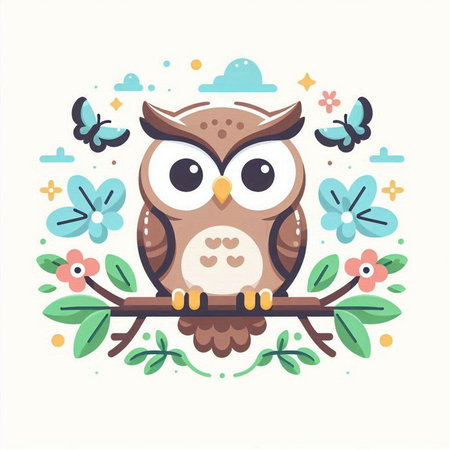 Cute cartoon owl on branch with flowers and butterflies. Vector illustration.のイラスト素材