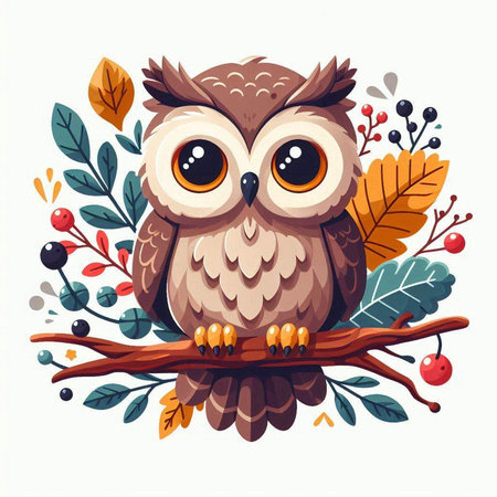 Cute cartoon owl on a branch with autumn leaves. Vector illustration.のイラスト素材