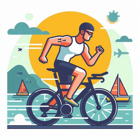 Cyclist riding bicycle on the beach, flat vector illustration.のイラスト素材