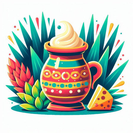 Coffee pot with whipped cream and cheese. Vector illustration.のイラスト素材