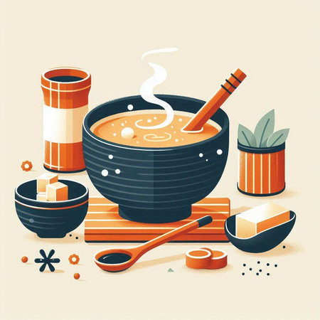 Soup in a bowl with wooden spoon and chopsticks. Vector illustration.のイラスト素材